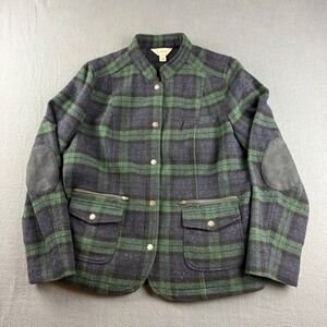 LL Bean Jacket Womens L Green Black Plaid Wool Silk Blend Elbow Patch Field Coat